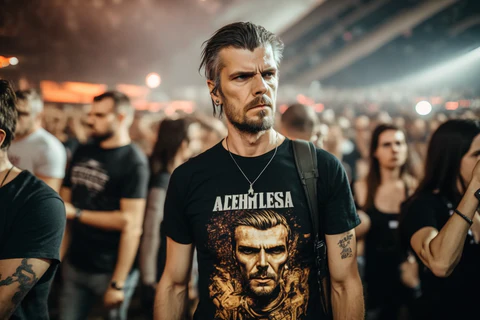 a man wears a rock band t-shirt