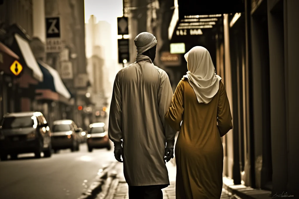 muslim couple walking in the street