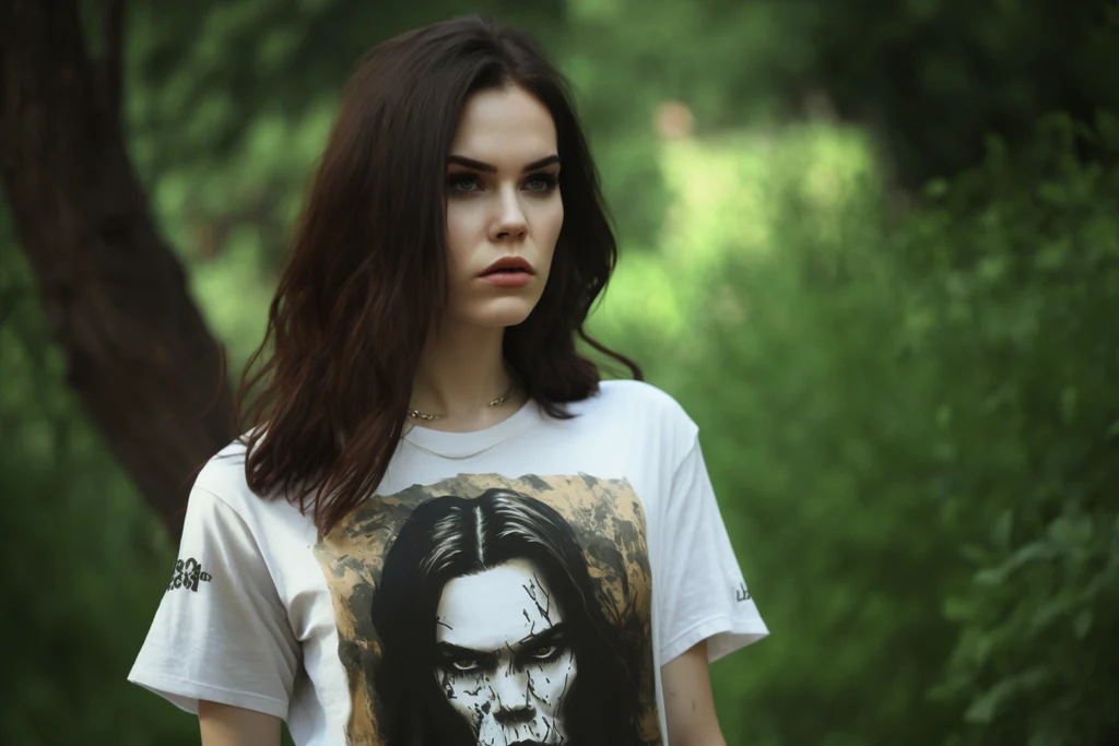 brunette girl in a printed oversized t-shirt
