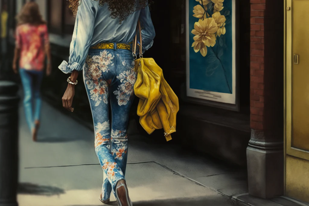 a woman is wearing a pair of blue floral pants with a chambray shirt
