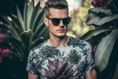 man wearing plant printed t-shirt