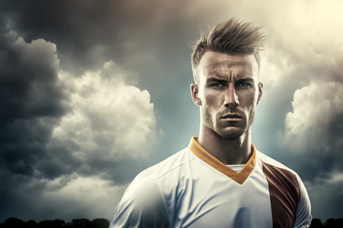 a soccer player in a white tight t-shirt