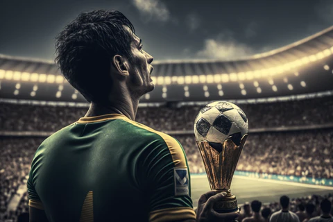 the football player is holding a trophy