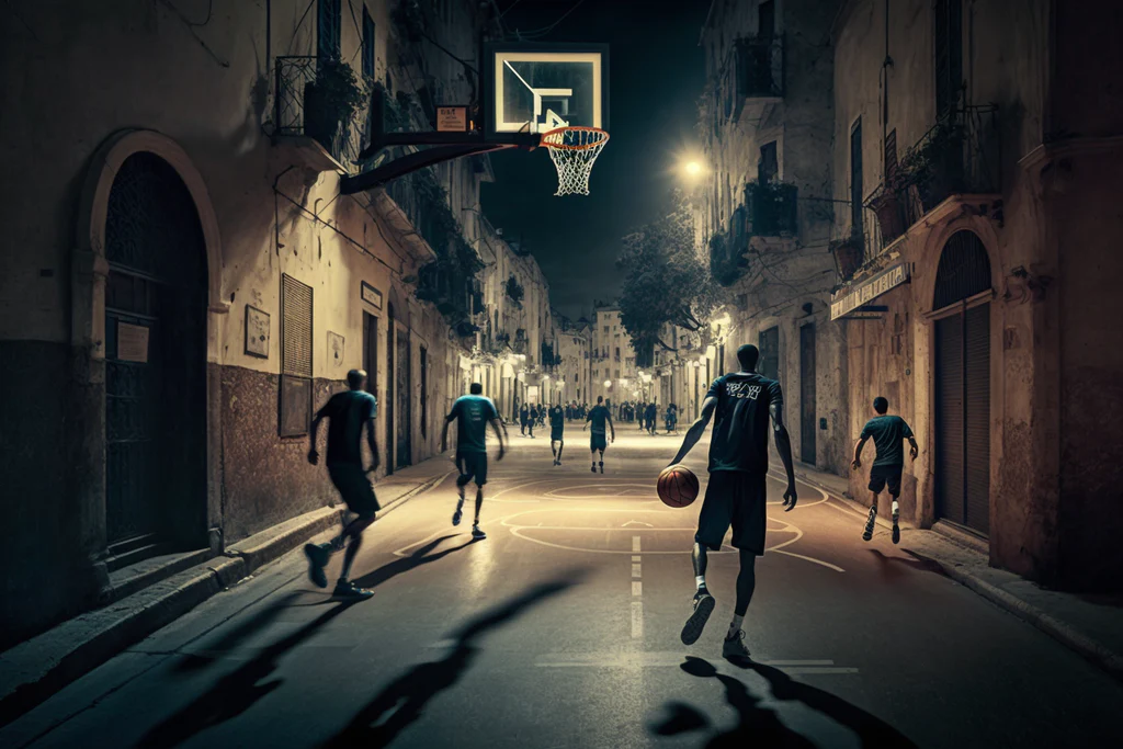 adults are playing basketball in the street