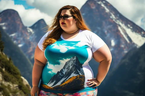 plus size woman wearing a printed t-shirt in nature