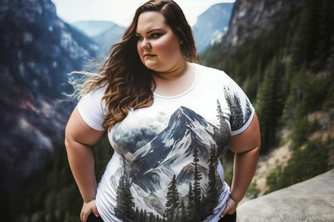 a plus size woman wearing a printed t-shirt in mountain