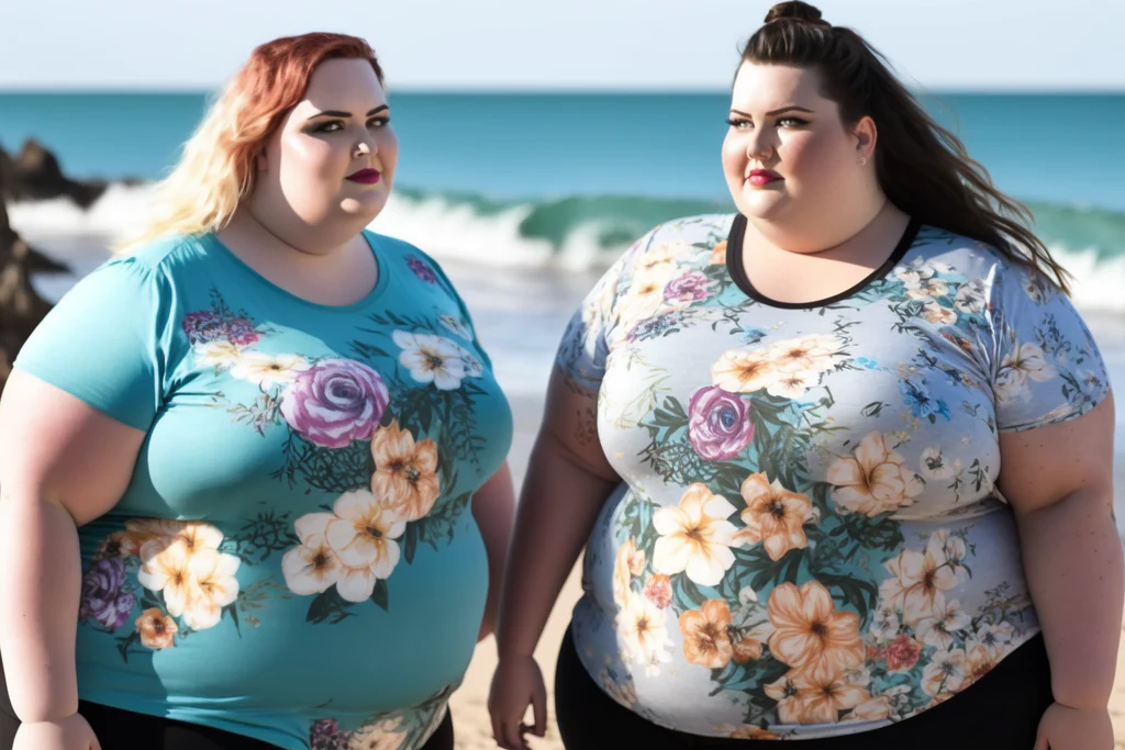 two pretty plus size women wearing floral t-shirts at the beach