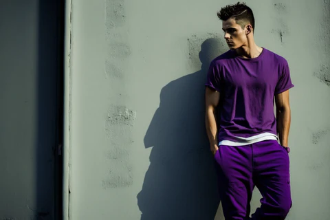 a man in a purple baggy t-shirt