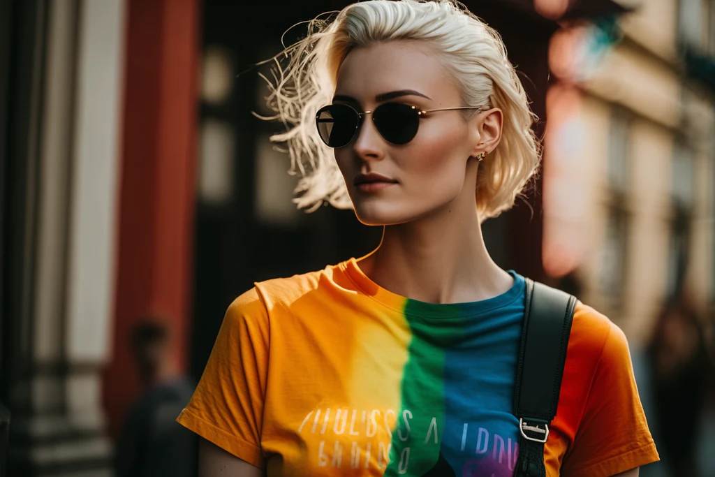woman wearing a rainbow t-shirt on the street