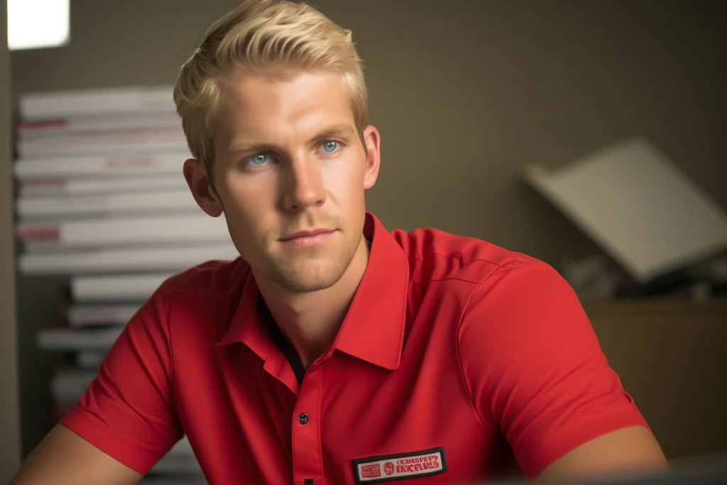 a blonde man at work wearing a red polo shirt with a logo