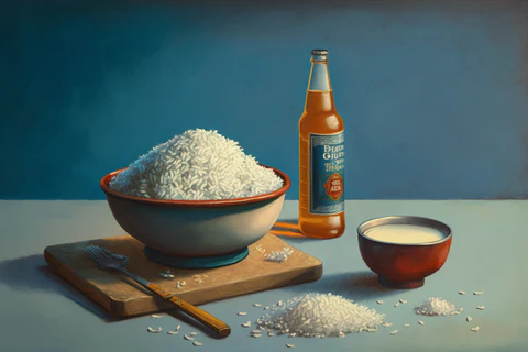 a rice bowl and a beer on the table