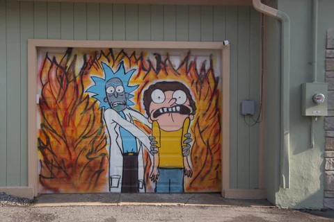 a mural art of rick and morty