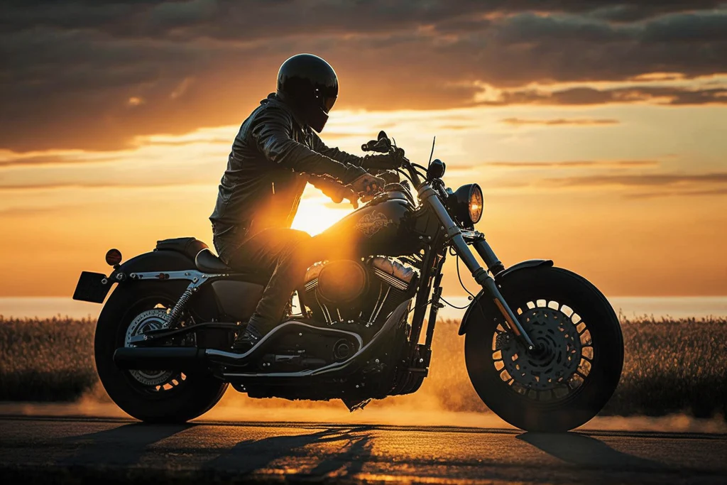 riding a harley during the sunset