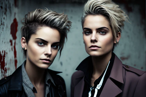 stylish short-haired lesbian couple