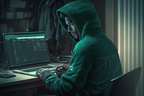 a software engineer is working in a green hoodie