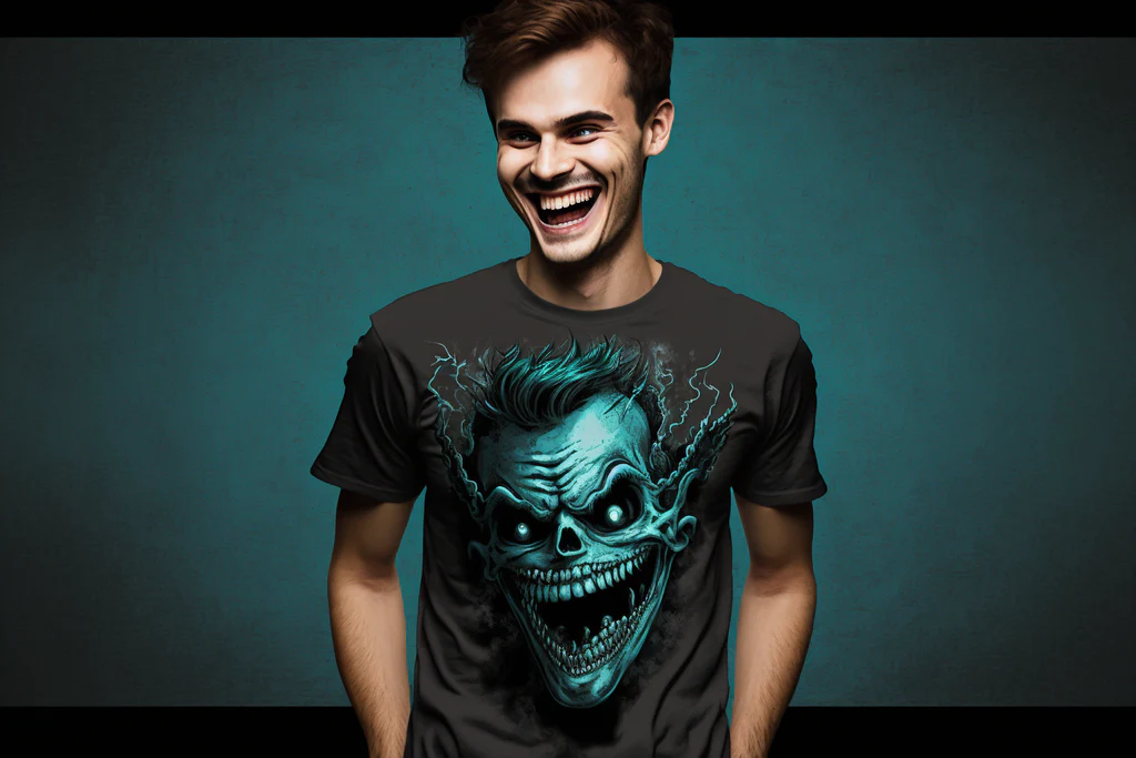 man wearing a spooky t-shirt