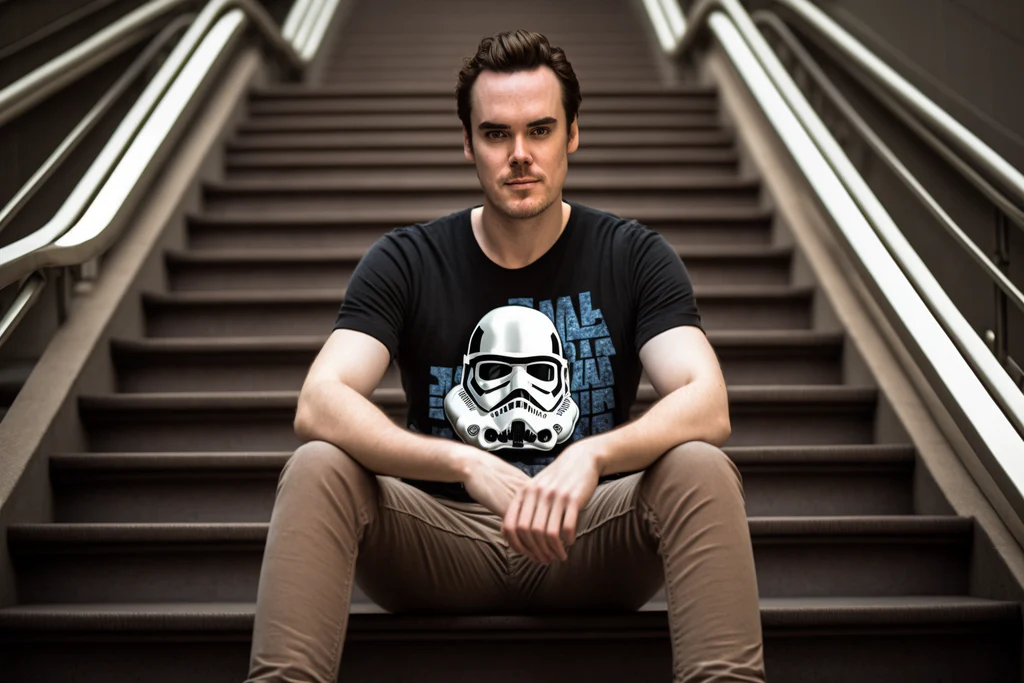 man wearing a 'star wars' t-shirt