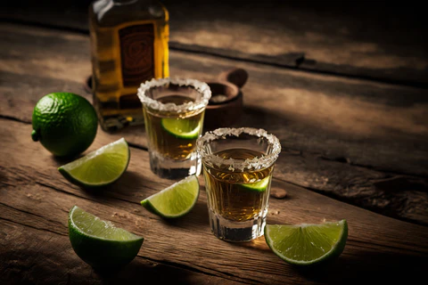 some tequila shots with lime slices