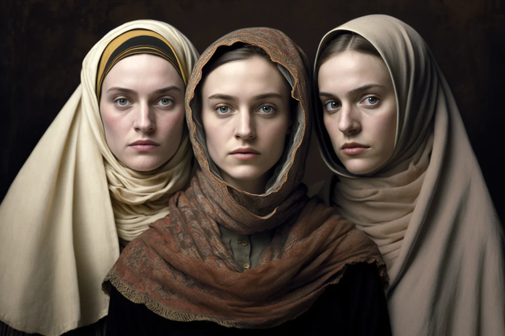 three charming women in modest clothing