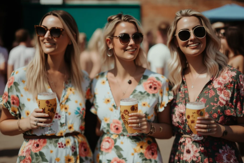three happy women at a beer festival