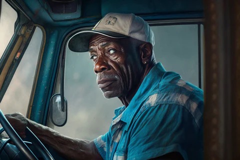 a truck driver wearing a blue uniform