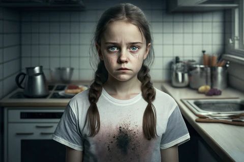 brunette girl, with a sad face, is wearing a t-shirt with a food strain