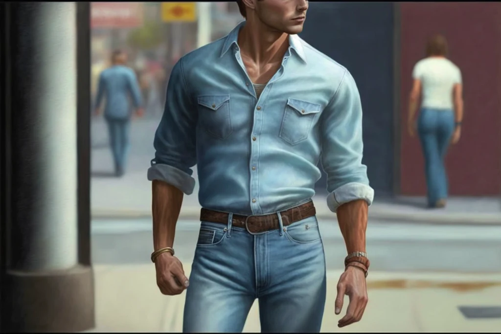 a man in high-waisted jeans, wearing a light blue tuck-in shirt