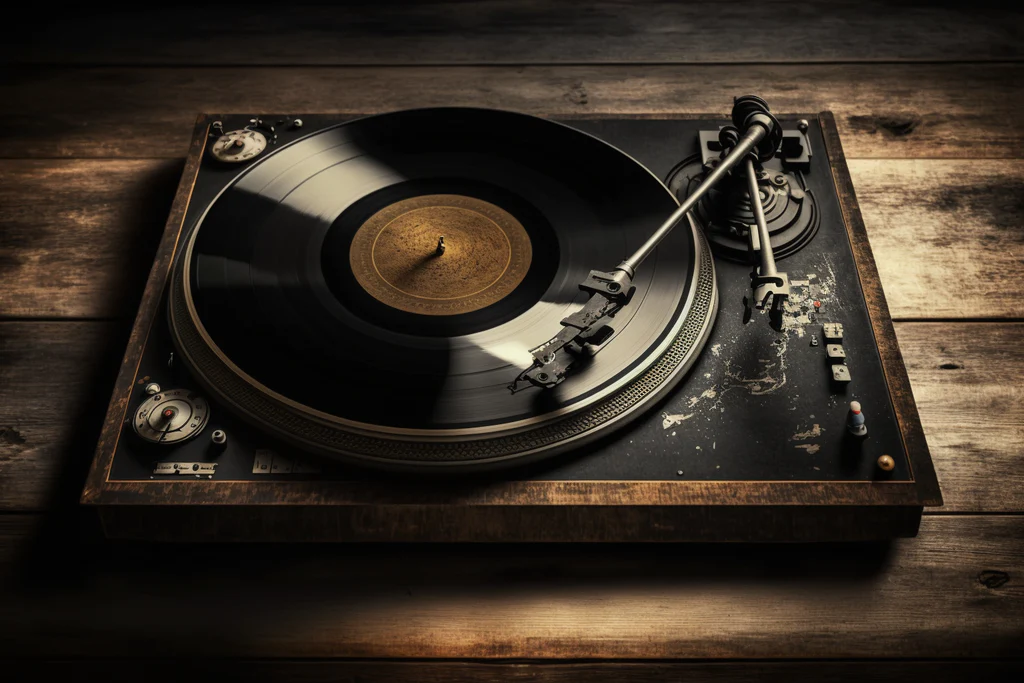 turntable and a vinyl on a wooden table 