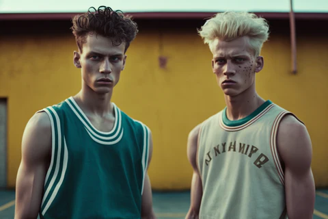 boys on a basketball court with vintage basketball jerseys