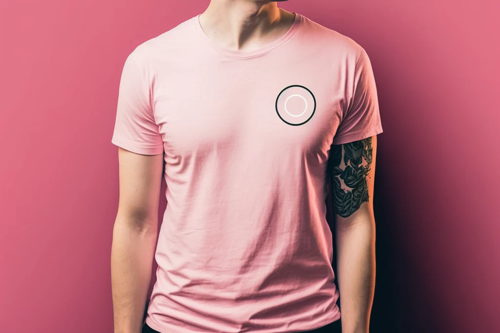 wearing a pink t-shirt with a logo