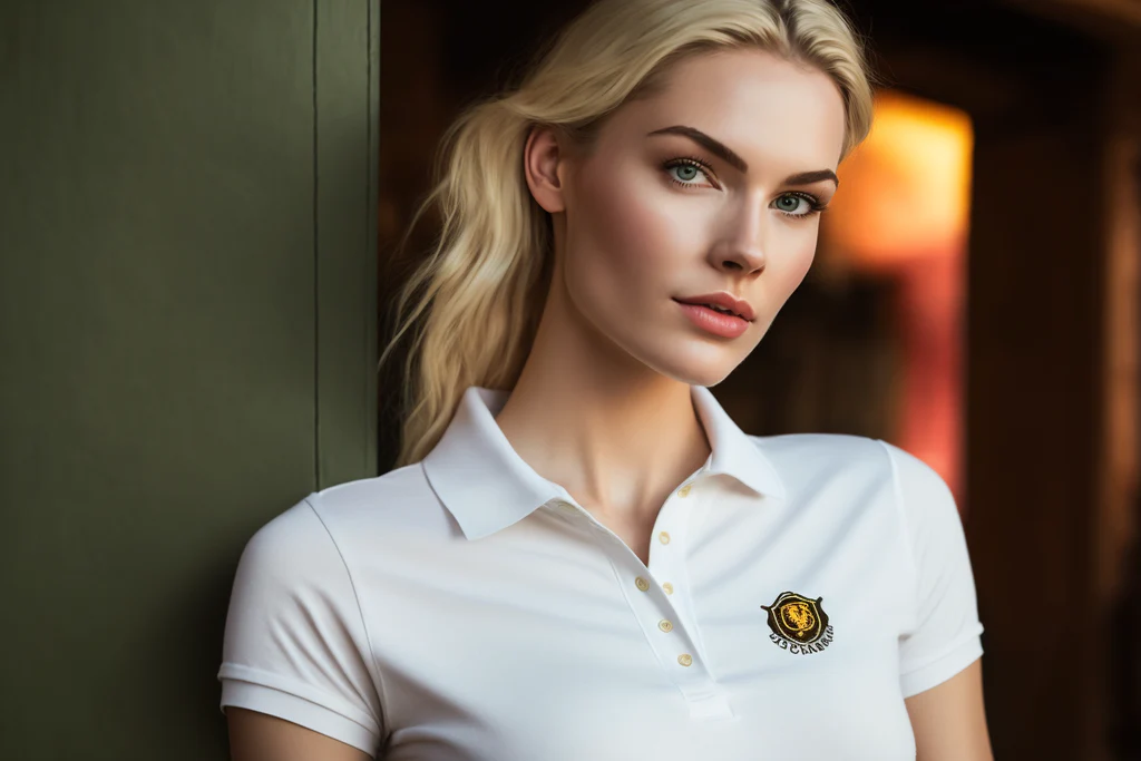 a woman in a white polo shirt 