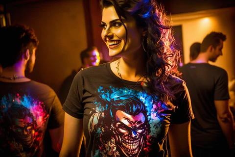 woman at a party wearing an led t-shirt