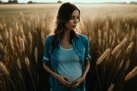 a pregnant woman in a field