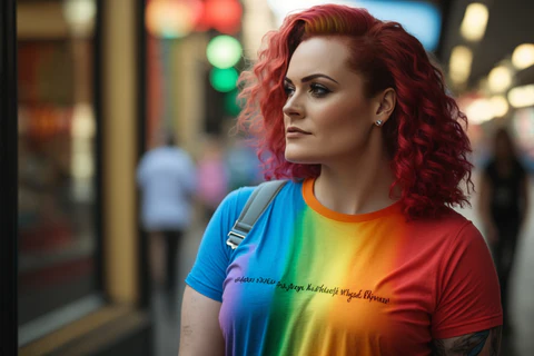 woman wearing lgbt rainbow t-shirt