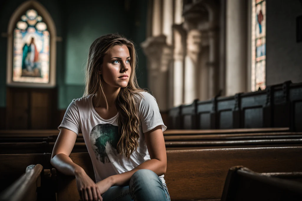 woman wearing a t-shirt and jeans in church