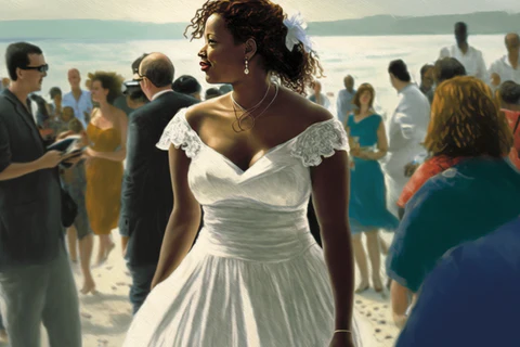 woman in a white dress at an engagement party