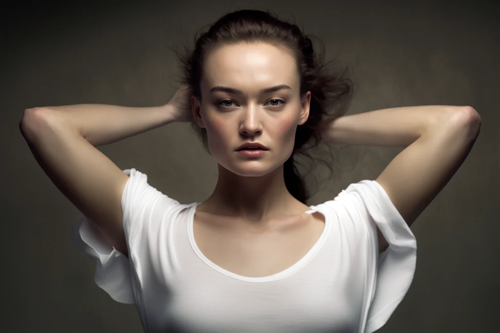 a woman wearing a white shirt and showing her armpits