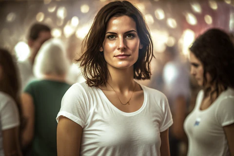 woman at a party, in a white t-shirt