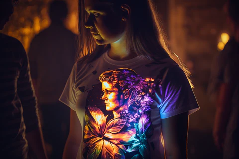 a woman wearing a led t-shirt at a party