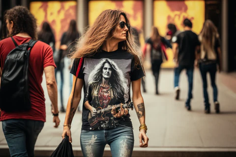 lady wears a rock band t-shirt with jeans in the street