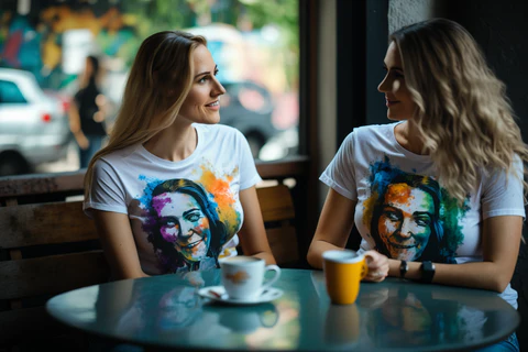 two women talking and wearing an abstract printed t-shirts