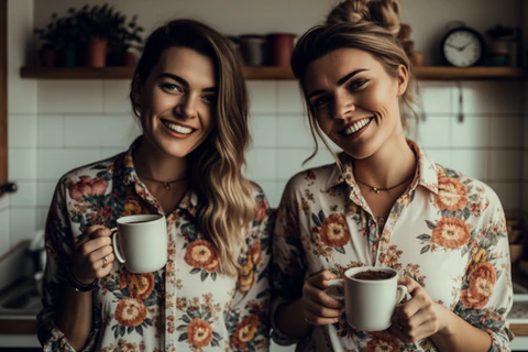 two women in the kitchen wearing a floral shirts