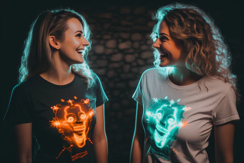 happy women in led t-shirts