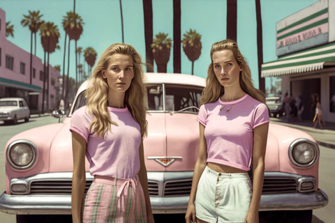 two women in front of car