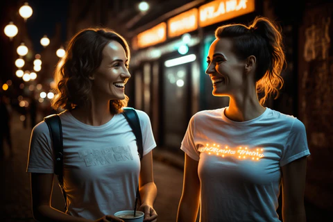 two pretty, happy women wearing light-up t-shirts