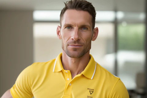a brunette man wearing a yellow polo shirt with a logo