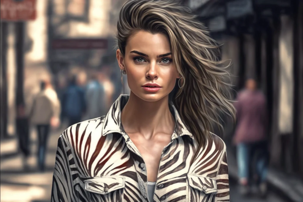 a woman in a zebra printed jacket on the street