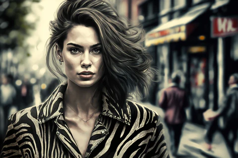 a woman in a zebra printed jacket