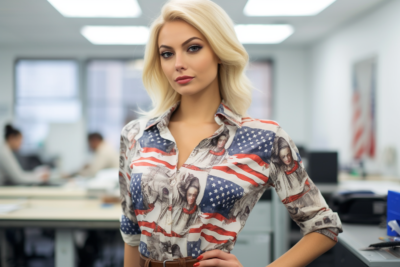 a blonde woman in a political shirt 