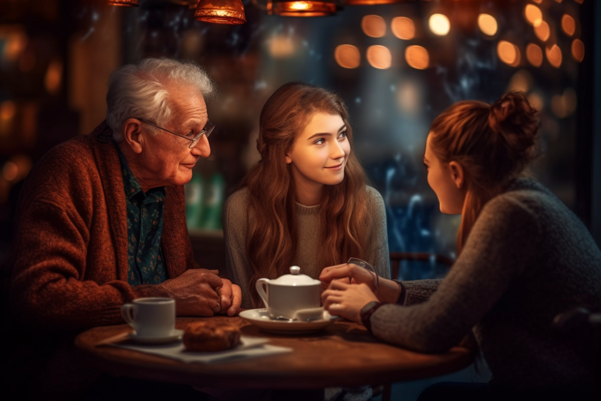 daughter with her parents in a cafe